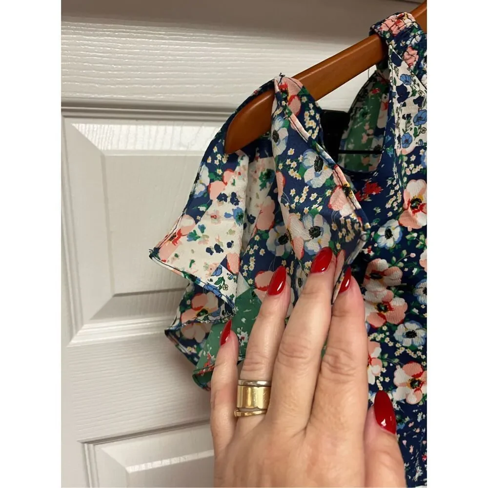 Zara Blue Floral Patchwork Cold Shoulder Boho Festival Dress sz XS EUC